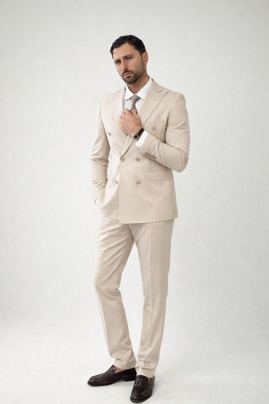 ABITO DOPPIO PETTO GESSATO BEIGE